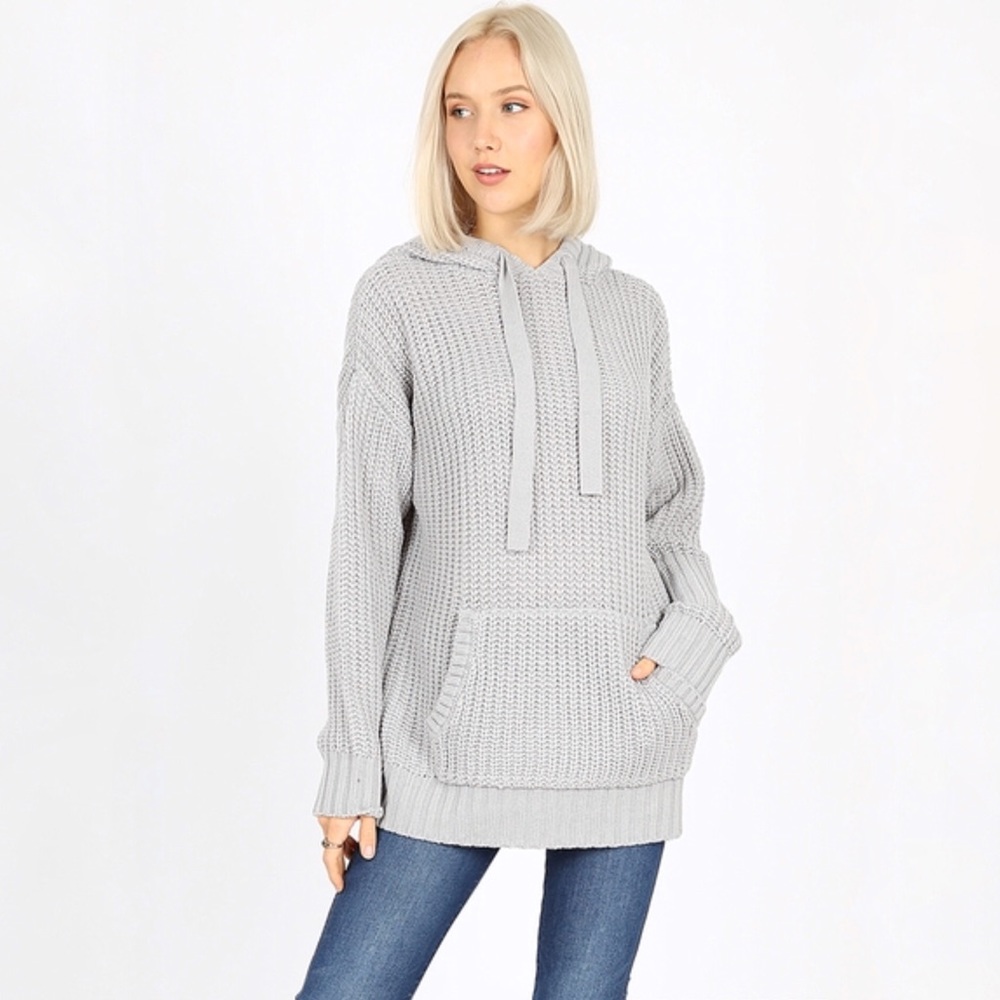 Olive Knit Hooded Sweater with Pockets - Picture 3 of 6